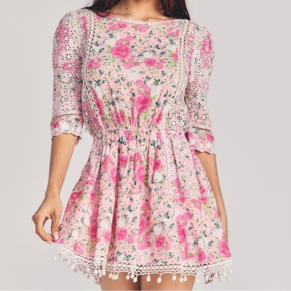 LoveShackFancy Novalie Eyelet Mini Dress Magenta Flower Fields Size XS